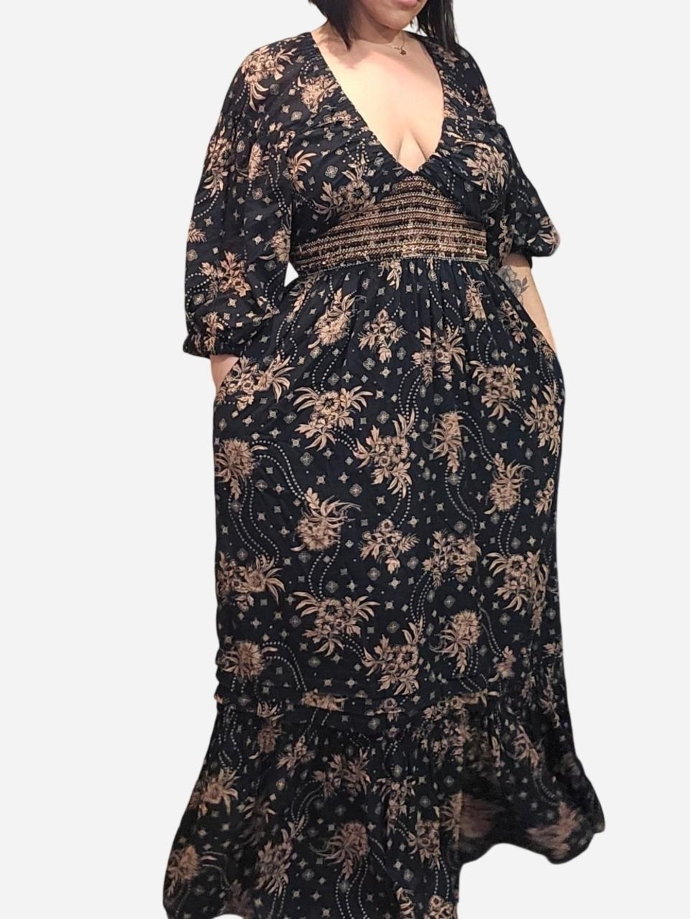 Free People Black Maxi Dress Boho Floral Print Smocked Waistline & Pockets-Large - Picture 2 of 7